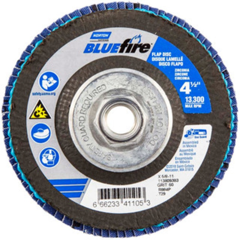 Norton 4-1/2 60 Grit 5/8-11 Center Hole Type 29 Zirconia Alumina Flap Disc Medium Grade, Coated, Arbor Attachment, Plastic Backing, 13,300 RPM 66623341105 – 69000610
