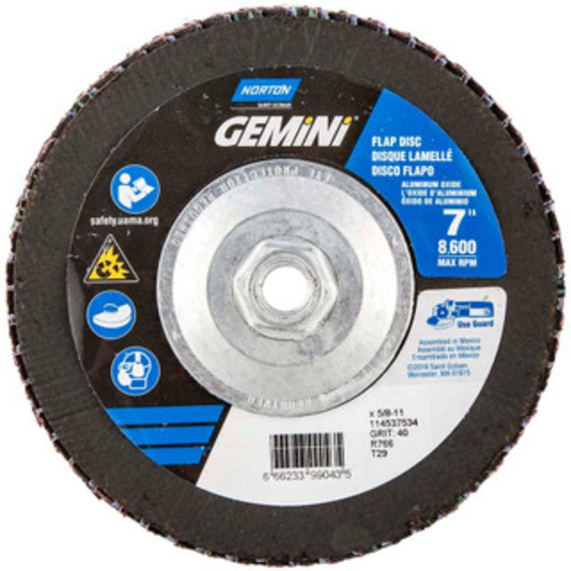 Norton 7 40 Grit 5/8-11 Center Hole Type 29 Ceramic Alumina Flap Disc Coarse Grade, Coated, Arbor Attachment, Polyester Backing, 8,600 RPM 66623399043 – 30189674