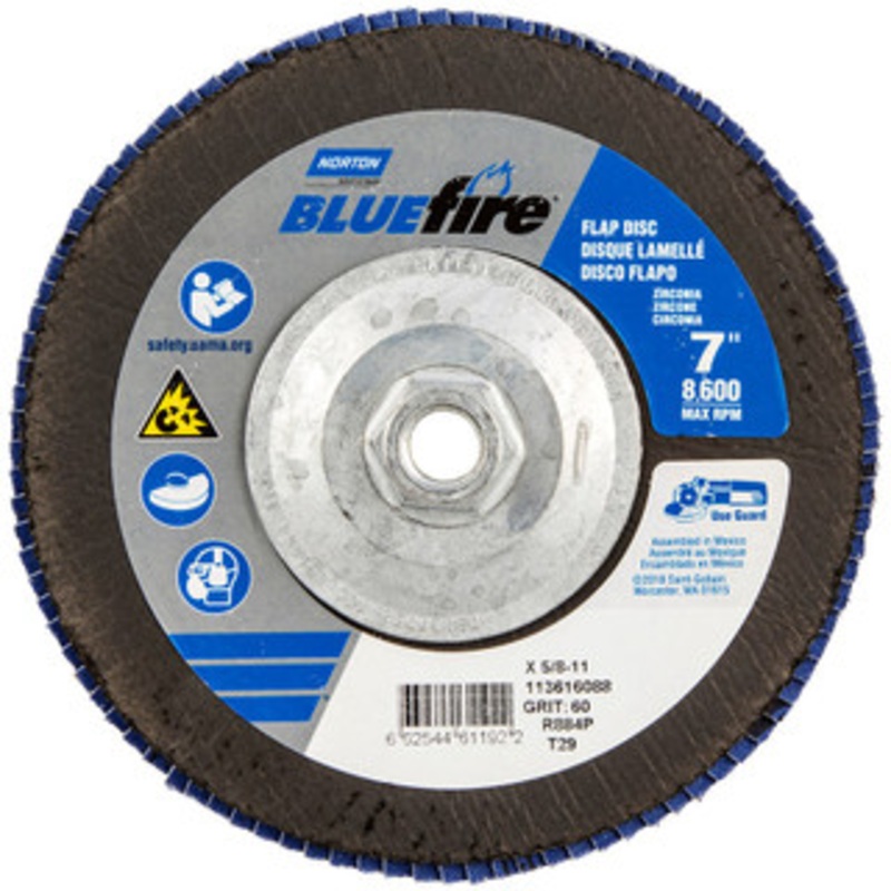 Norton 7 60 Grit 5/8-11 Center Hole Type 29 Zirconia Alumina Flap Disc Medium Grade, Coated, Arbor Attachment, Cloth Backing, 8,600 RPM 66254461192 – 30189195