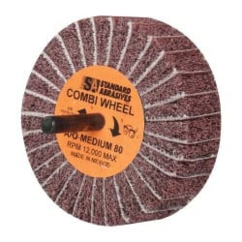 Standard Abrasives 3 Diam x 1 Face Width, Medium Aluminum Oxide Nonwoven & Coated Mounted Flap Wheel 1/4 Shank Mount, 80 Grit, 12,000 Max RPM 7000122258 – 48749576