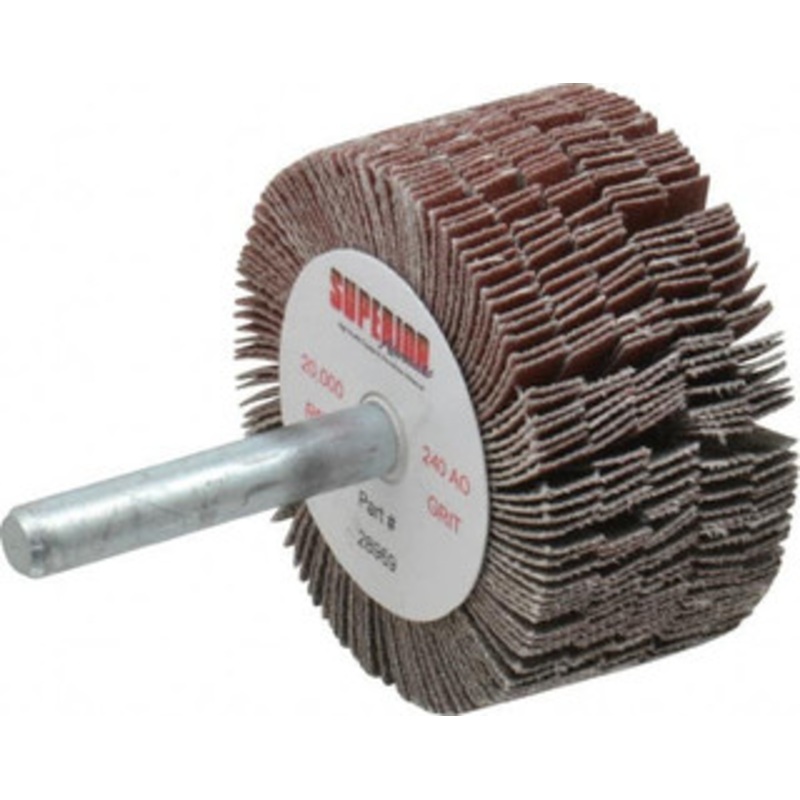 Superior Abrasives 2 Diam x 1 Face Width, Very Fine Aluminum Oxide Coated Mounted Flap Wheel 1/4 Shank Mount, 240 Grit, J Weighted Cloth Backing, 14,000 Max RPM 28969 – 01923671