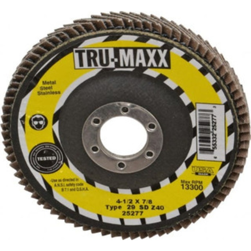 Tru-Maxx 4-1/2 40 Grit 7/8 Center Hole Type 29 Zirconia Alumina Flap Disc Coarse Grade, Coated, Arbor Attachment, 13,300 RPM 25277 – 86779808
