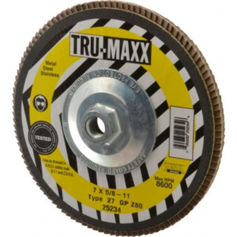 Tru-Maxx 7 80 Grit 5/8-11 Center Hole Type 27 Zirconia Alumina Flap Disc Medium Grade, Coated, Arbor Attachment, 8,600 RPM 25234 – 86779360