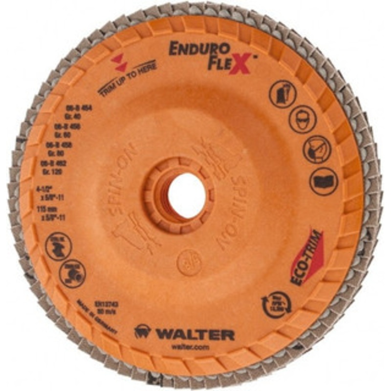 Walter Surface Technologies 4-1/2 120 Grit 5/8-11 Center Hole Zirconia Alumina Flap Disc Fine Grade, Coated, Arbor Attachment, Plastic Backing, 13,300 RPM 06B462 – 80198914