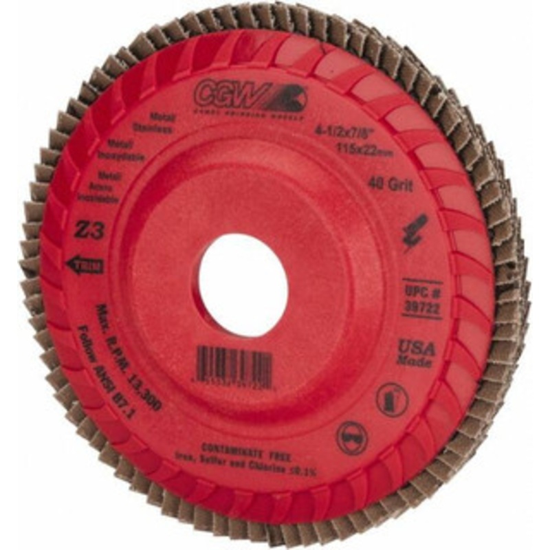 CGW Abrasives 4-1/2 40 Grit 7/8 Center Hole Type 27 Zirconia Alumina Flap Disc Medium Grade, Coated, Arbor Attachment, Poly Cotton Backing, 13,300 RPM 39722 – 78916756