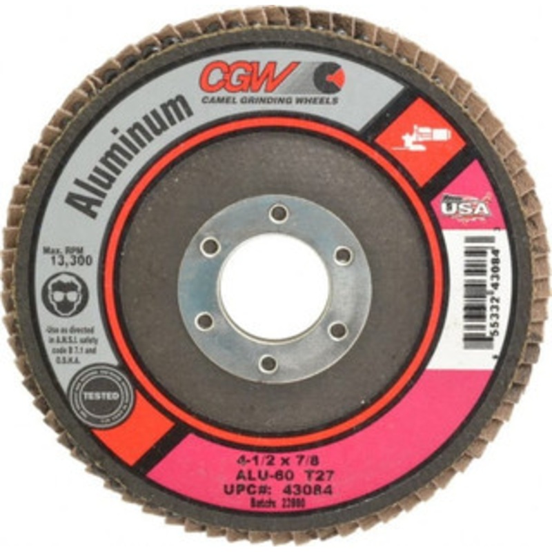 CGW Abrasives 4-1/2 60 Grit 7/8 Center Hole Type 27 Aluminum Oxide Flap Disc Medium Grade, Coated, Arbor Attachment, Polyester Backing, 13,300 RPM 43084 – 63009575
