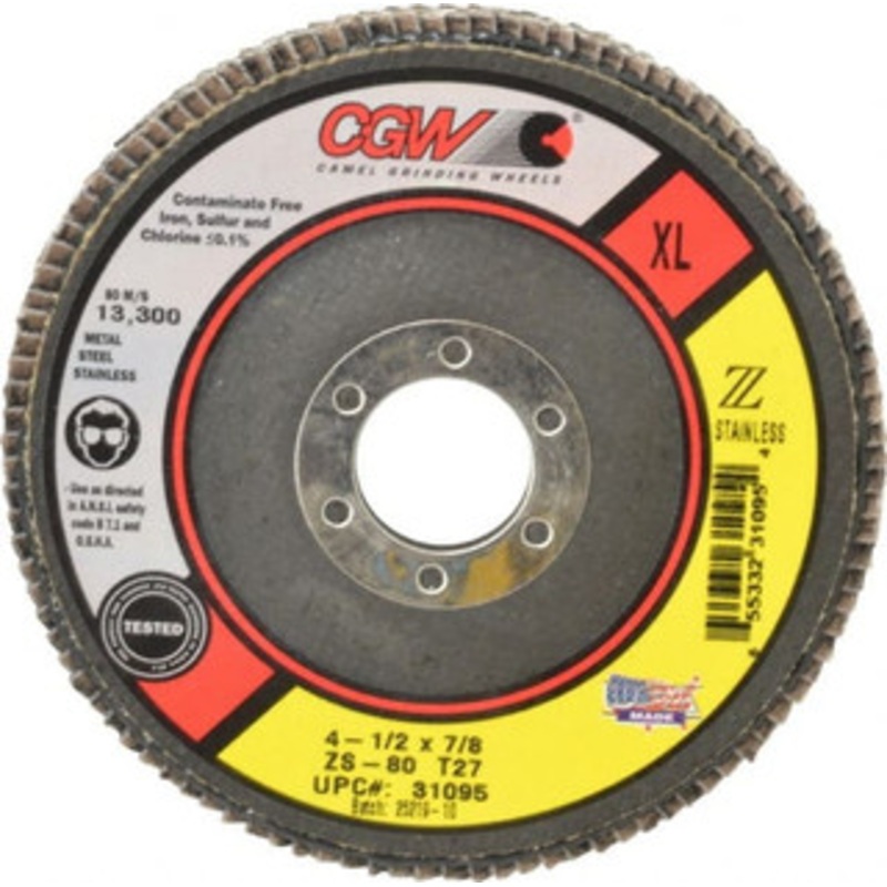 CGW Abrasives 4-1/2 80 Grit 7/8 Center Hole Type 27 Zirconia Alumina Flap Disc Medium Grade, Coated, Arbor Attachment, Polyester Backing, 13,300 RPM 31095 – 63009500