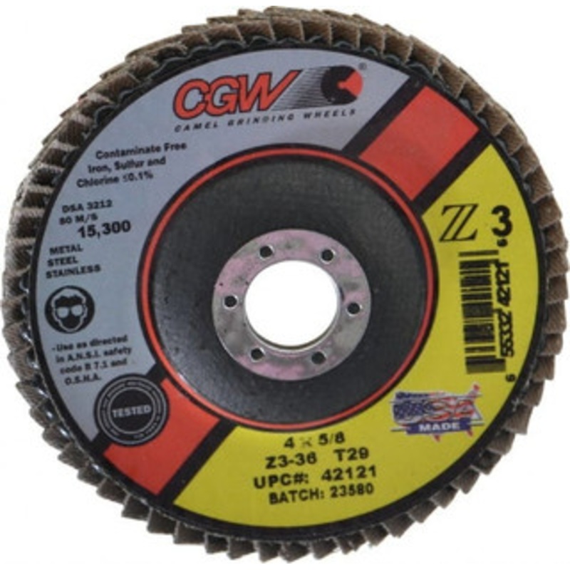 CGW Abrasives 4 36 Grit 5/8 Center Hole Type 29 Zirconia Alumina Flap Disc Very Coarse Grade, Coated, Arbor Attachment, Poly Cotton Backing, 15,300 RPM 42121 – 56436694