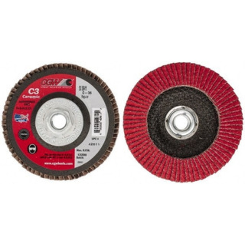 CGW Abrasives 5 36 Grit 5/8-11 Center Hole Ceramic Flap Disc Very Coarse Grade, Coated, Arbor Attachment, Polyester Backing, 12,200 RPM 42611 – 63009799