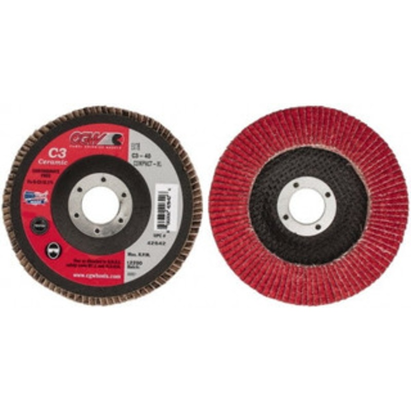 CGW Abrasives 5 40 Grit 7/8 Center Hole Ceramic Flap Disc Coarse Grade, Coated, Arbor Attachment, Polyester Backing, 12,200 RPM 42642 – 63009849