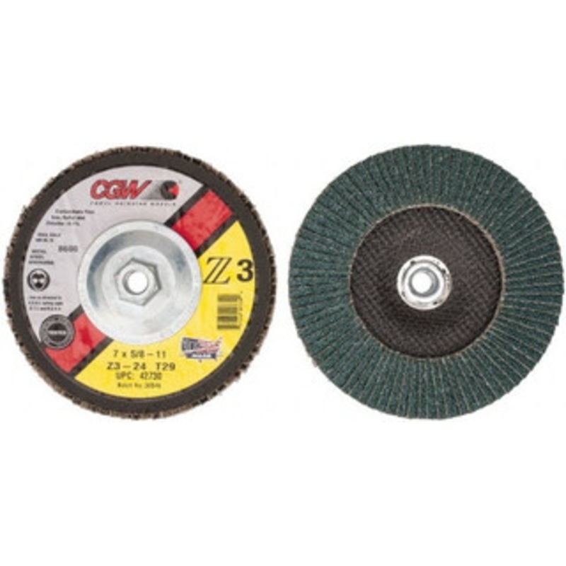 CGW Abrasives 7 24 Grit 5/8-11 Center Hole Type 29 Zirconia Alumina Flap Disc Very Coarse Grade, Coated, Arbor Attachment, Poly Cotton Backing, 8,600 RPM 42730 – 56435365