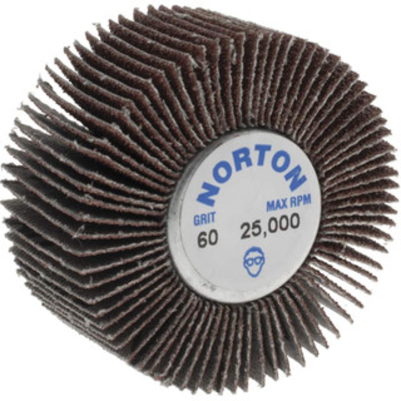 Norton 2 Diam x 1 Face Width, Medium Aluminum Oxide Coated Mounted Flap Wheel 1/4-20 Threaded Mount, 60 Grit, Cloth Backing, 23,000 Max RPM 63642502646 – 05098389