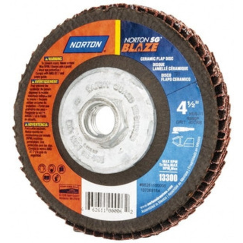 Norton 4-1/2 40 Grit 5/8-11 Center Hole Type 27 Ceramic Flap Disc Coarse Grade, Coated, Arbor Attachment, Plastic Backing 66254400257 – 42065011