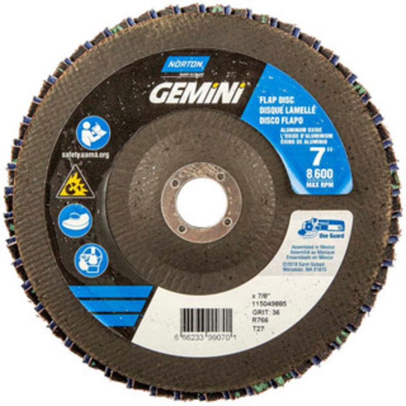 Norton 7 36 Grit 7/8 Center Hole Type 27 Ceramic Alumina Flap Disc Very Coarse Grade, Coated, Arbor Attachment, Polyester Backing, 8,600 RPM 66623399070 – 56275431
