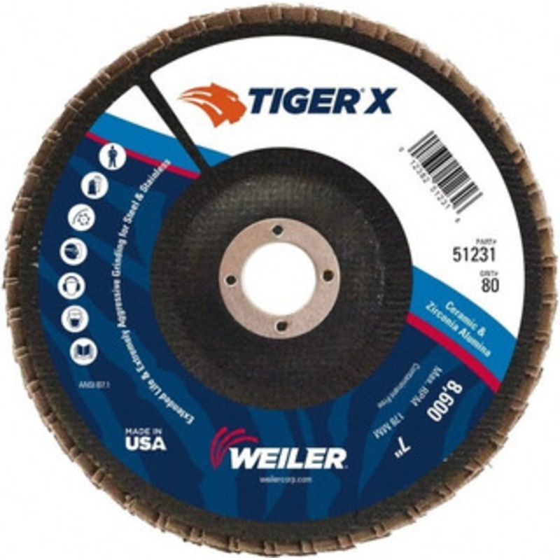 Weiler Abrasives 7 80 Grit 7/8 Center Hole Type 27 Zirconia Alumina Flap Disc Medium Grade, Coated, Arbor Attachment, Phenolic Backing, 8,600 RPM 51231 – 46905972