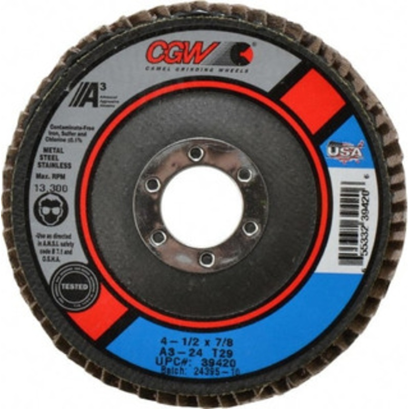 CGW Abrasives 4-1/2 24 Grit 7/8 Center Hole Type 29 Aluminum Oxide Flap Disc Very Coarse Grade, Coated, Arbor Attachment, Polyester Backing, 13,300 RPM 39420 – 02555175