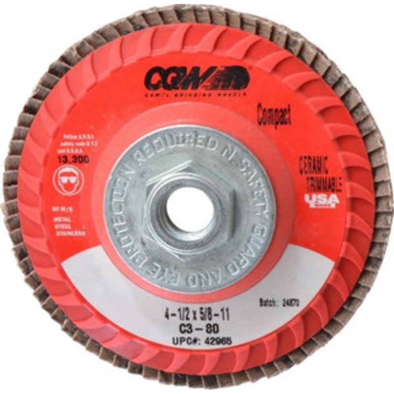CGW Abrasives 4-1/2 80 Grit 5/8-11 Center Hole Type 27 Ceramic Flap Disc Fine Grade, Coated, Arbor Attachment, Polyester Backing, 13,300 RPM 42965 – 78916897