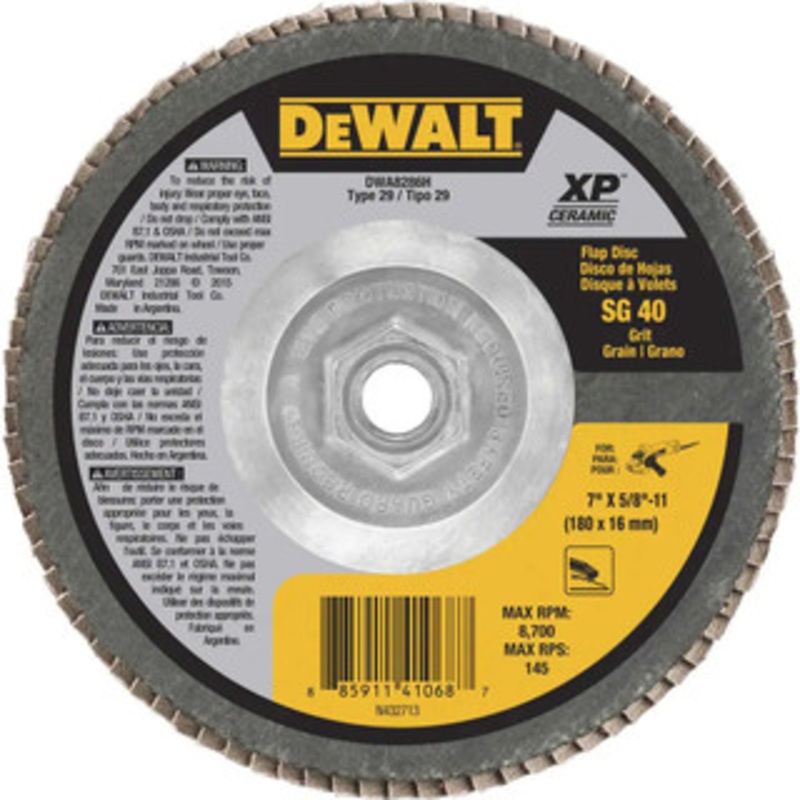 DeWALT 7 40 Grit 5/8-11 Center Hole Type 29 Ceramic Flap Disc Coarse Grade, Coated, Arbor Attachment, Poly Cotton Backing, 8,700 RPM DWA8286H – 39977939