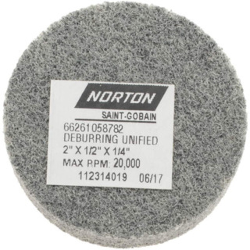 Norton 2 Diam, 1/2 Face Width, 1/4 Center Hole, Very Fine Grade, Silicon Carbide Deburring Wheel Unitized, Medium Grade, 20,000 RPM 66261058782 – 70537402
