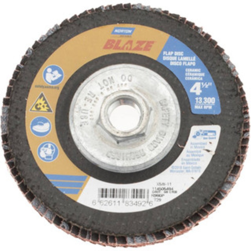Norton 4-1/2 60 Grit 5/8-11 Center Hole Type 29 Ceramic Flap Disc Medium Grade, Coated, Arbor Attachment, Fiberglass Backing, 13,000 RPM 66261183492 – 83834093
