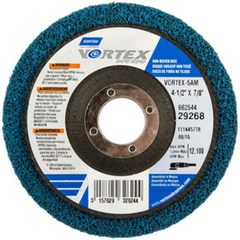 Norton 4-1/2 Diam, Medium Grade, Aluminum Oxide Deburring Disc 7/8 Center Hole, 12,000 MAX RPM 66254429268 – 91775767