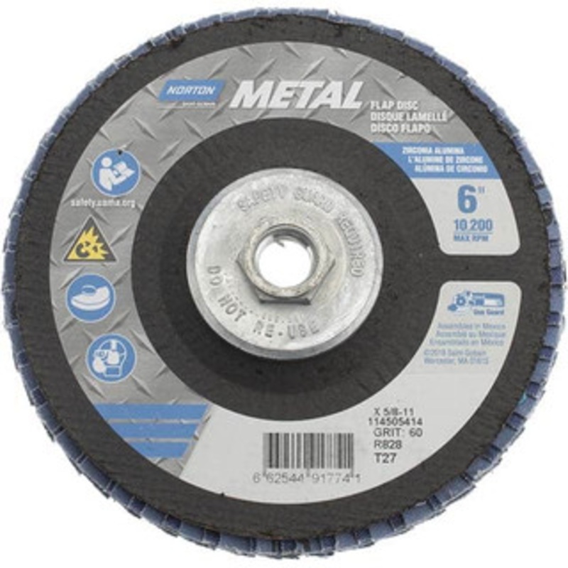 Norton 6 60 Grit 5/8-11 Center Hole Type 27 Zirconia Alumina Flap Disc Medium Grade, Coated, Arbor Attachment, Fiberglass Backing, 10,200 RPM 66254491774 – 41636119