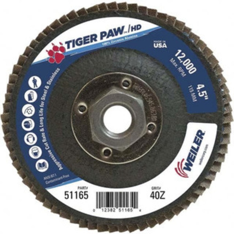 Weiler Abrasives 4-1/2 40 Grit 5/8-11 Center Hole Type 27 Zirconia Alumina Flap Disc Coarse Grade, Coated, Arbor Attachment, Phenolic Backing, 12,000 RPM 51165 – 68599349