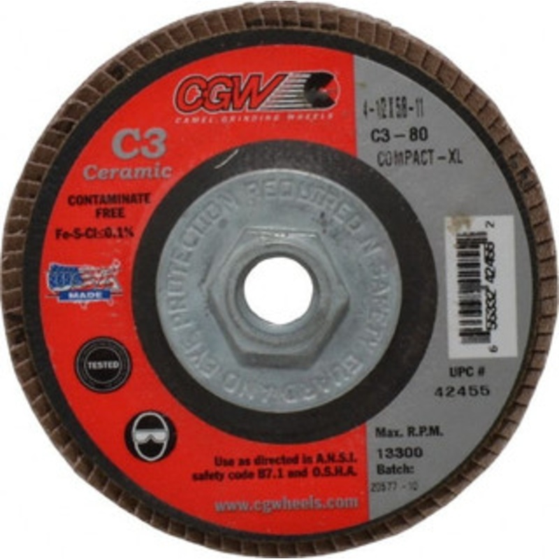 CGW Abrasives 4-1/2 80 Grit 5/8-11 Center Hole Ceramic Flap Disc Medium Grade, Coated, Arbor Attachment, Polyester Backing, 13,300 RPM 42455 – 63009740
