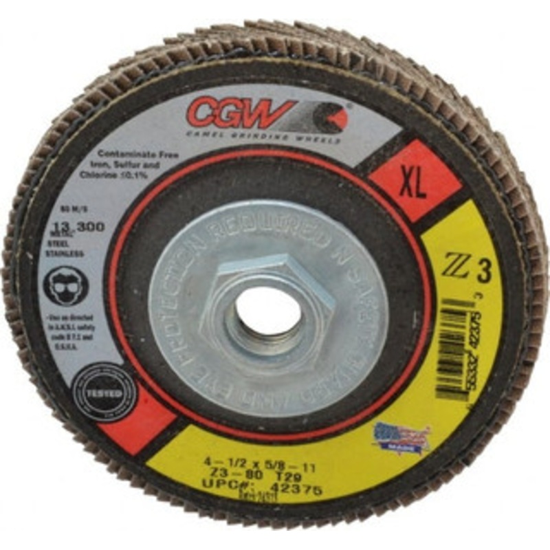 CGW Abrasives 4-1/2 80 Grit 5/8-11 Center Hole Type 29 Zirconia Alumina Flap Disc Medium Grade, Coated, Arbor Attachment, Poly Cotton Backing, 13,300 RPM 42375 – 02555894