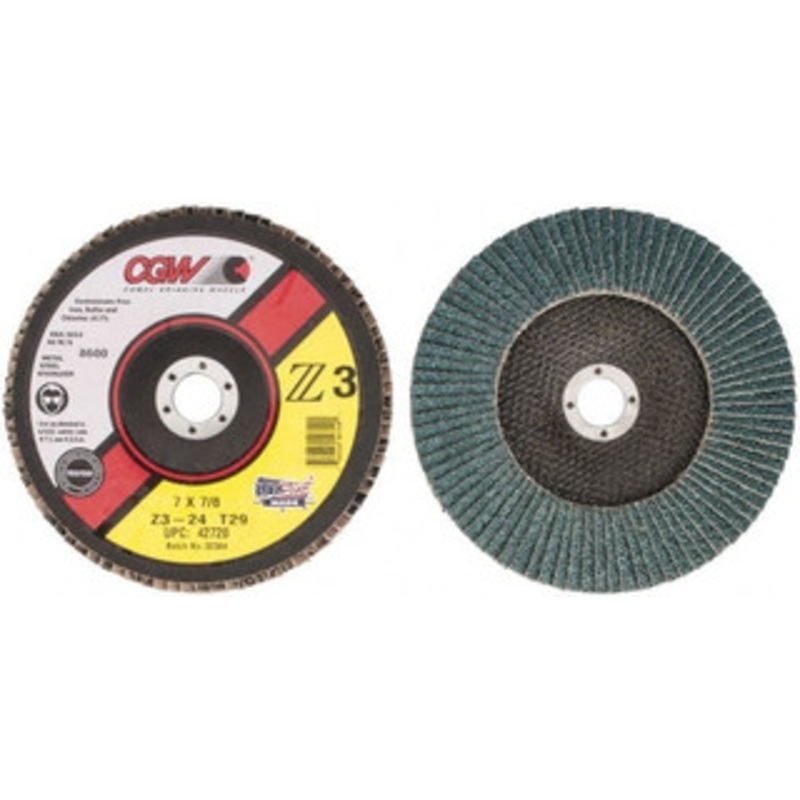 CGW Abrasives 7 24 Grit 7/8 Center Hole Type 29 Zirconia Alumina Flap Disc Very Coarse Grade, Coated, Arbor Attachment, Poly Cotton Backing, 8,600 RPM 42720 – 56451578