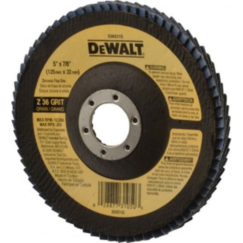 DeWALT 5 40 Grit 7/8 Center Hole Type 29 Zirconia Alumina Flap Disc Very Coarse Grade, Coated, Arbor Attachment, Fiberglass Backing, 12,200 RPM DW8315 – 73201329