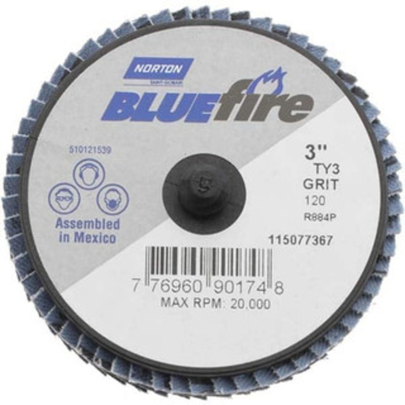 Norton 3 120 Grit Type 27 Zirconia Alumina Flap Disc Fine Grade, Coated, Quick Change Type R Attachment, Fiberglass Backing, 30,000 RPM 77696090174 – 68540632