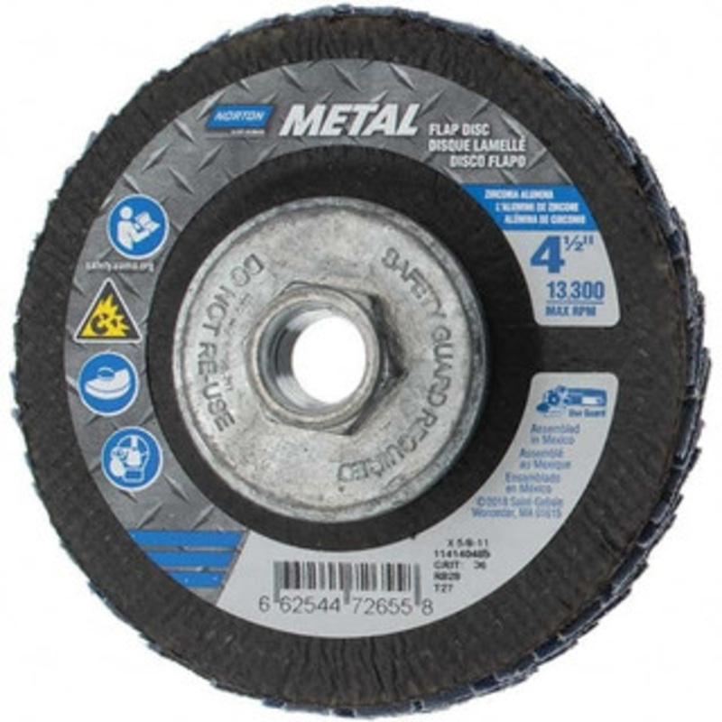 Norton 4-1/2 36 Grit 5/8-11 Center Hole Type 27 Zirconia Alumina Flap Disc Very Coarse Grade, Coated, Arbor Attachment, Fiberglass Backing, 13,300 RPM 66254472655 – 45451333