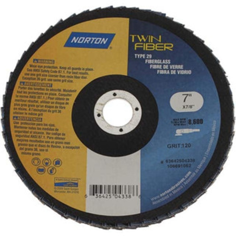 Norton 7 120 Grit 7/8 Center Hole Type 29 Ceramic Flap Disc Fine Grade, Coated, Arbor Attachment, Fiberglass Backing, 8,600 RPM 63642504338 – 06360549