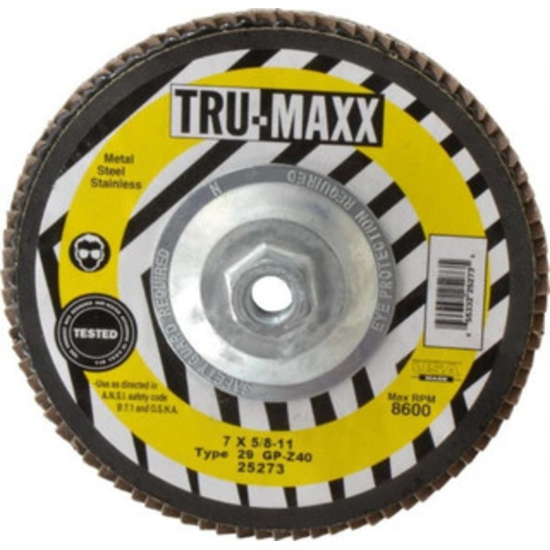 Tru-Maxx 7 40 Grit 5/8-11 Center Hole Type 29 Zirconia Alumina Flap Disc Coarse Grade, Coated, Arbor Attachment, 8,600 RPM 25273 – 86779766