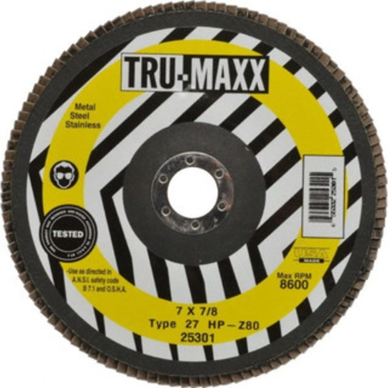 Tru-Maxx 7 80 Grit 7/8 Center Hole Type 27 Zirconia Alumina Flap Disc Medium Grade, Coated, Arbor Attachment, 8,600 RPM 25301 – 06379382