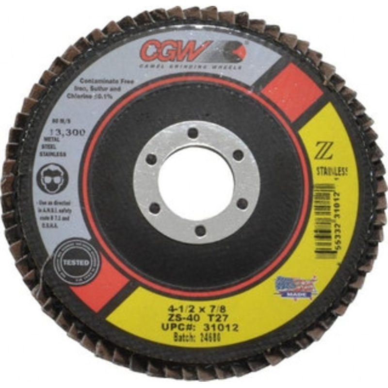 CGW Abrasives 4-1/2 40 Grit 7/8 Center Hole Type 27 Zirconia Alumina Flap Disc Coarse Grade, Coated, Arbor Attachment, Polyester Backing, 13,300 RPM 31012 – 56505779