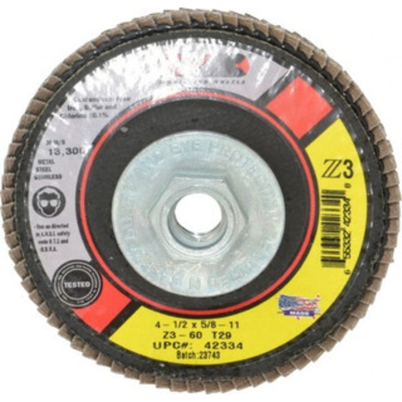 CGW Abrasives 4-1/2 60 Grit 5/8-11 Center Hole Type 29 Zirconia Alumina Flap Disc Medium Grade, Coated, Arbor Attachment, Poly Cotton Backing, 13,300 RPM 42334 – 82283920