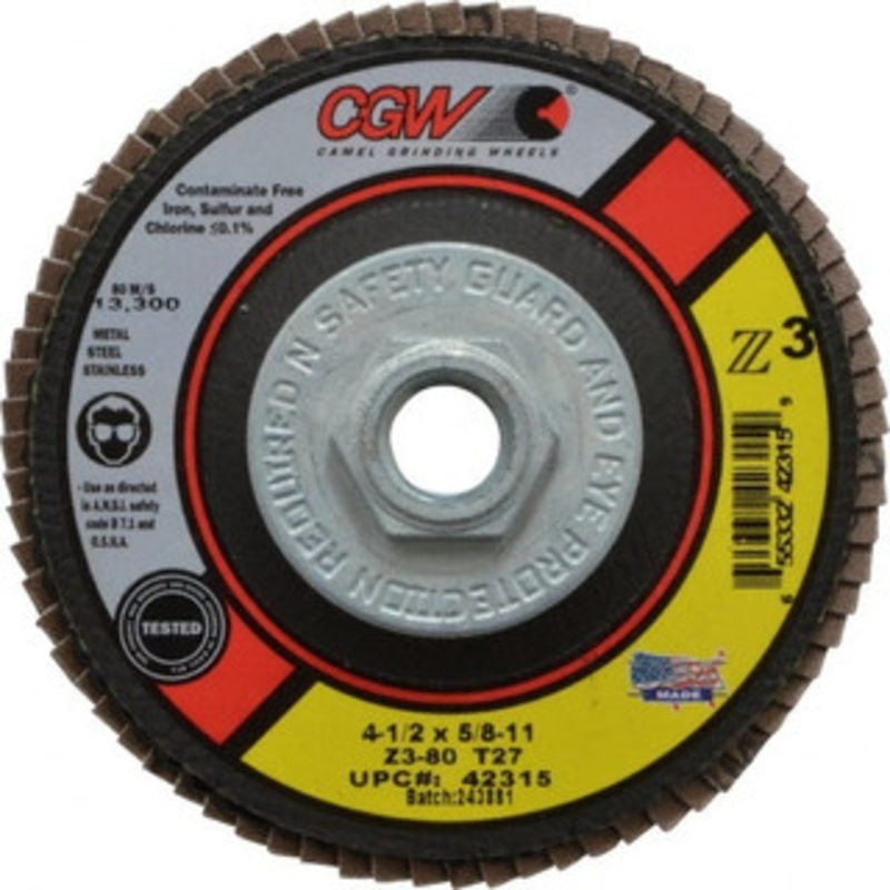 CGW Abrasives 4-1/2 80 Grit 5/8-11 Center Hole Type 27 Zirconia Alumina Flap Disc Medium Grade, Coated, Arbor Attachment, Poly Cotton Backing, 13,300 RPM 42315 – 82283862