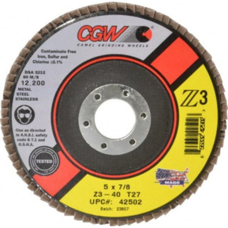 CGW Abrasives 5 40 Grit 7/8 Center Hole Type 27 Zirconia Alumina Flap Disc Coarse Grade, Coated, Arbor Attachment, Poly Cotton Backing, 12,200 RPM 42502 – 56437635