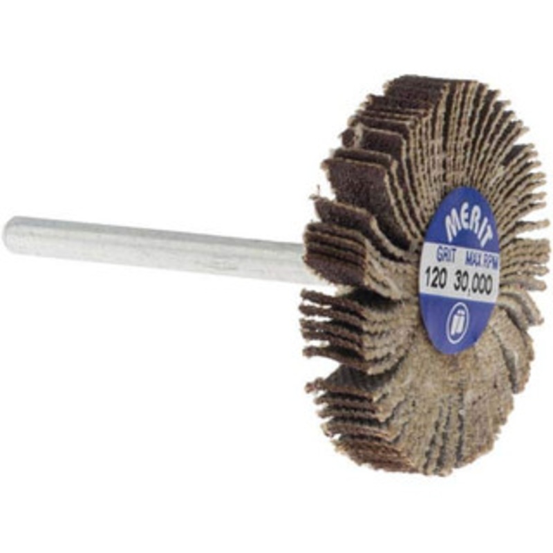 Merit Abrasives 1-3/16 Diam x 3/16 Face Width, Fine Aluminum Oxide Coated Mounted Flap Wheel 1/8 Shank Mount, 120 Grit, Cloth Backing, 30,000 Max RPM 08834137502 – 09608571
