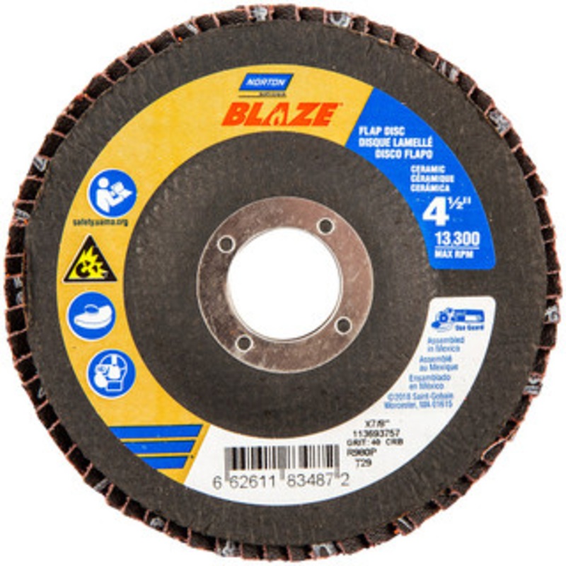 Norton 4-1/2 40 Grit 7/8 Center Hole Type 29 Ceramic Flap Disc Coarse Grade, Coated, Arbor Attachment, Fiberglass Backing, 13,000 RPM 66261183487 – 83833731