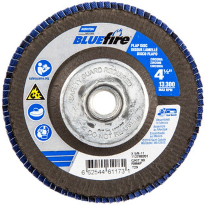 Norton 4-1/2 80 Grit 5/8-11 Center Hole Type 29 Zirconia Alumina Flap Disc Medium Grade, Coated, Arbor Attachment, Cloth Backing, 13,300 RPM 66254461173 – 30189344