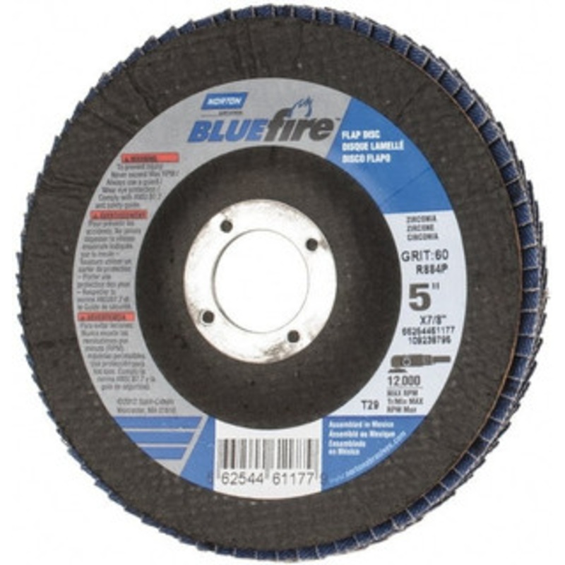 Norton 5 60 Grit 7/8 Center Hole Type 29 Zirconia Alumina Flap Disc Medium Grade, Coated, Arbor Attachment, Cloth Backing, 12,000 RPM 66254461177 – 30189302