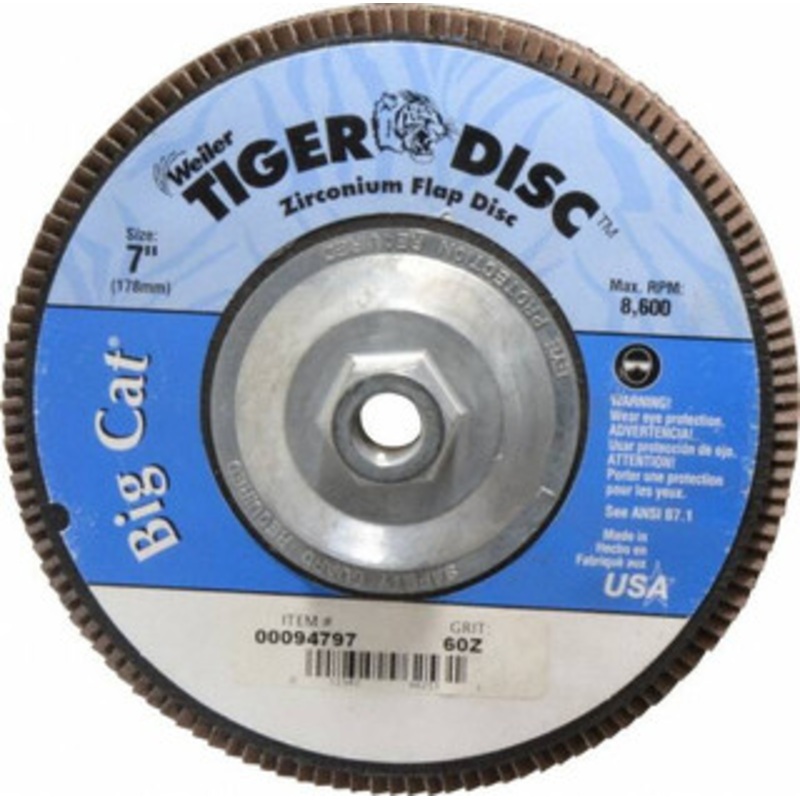 Weiler Abrasives 7 60 Grit 5/8-11 Center Hole Type 27 Zirconia Alumina Flap Disc Medium Grade, Coated, Arbor Attachment, Phenolic Backing, 8,600 RPM 96253 – 00094797