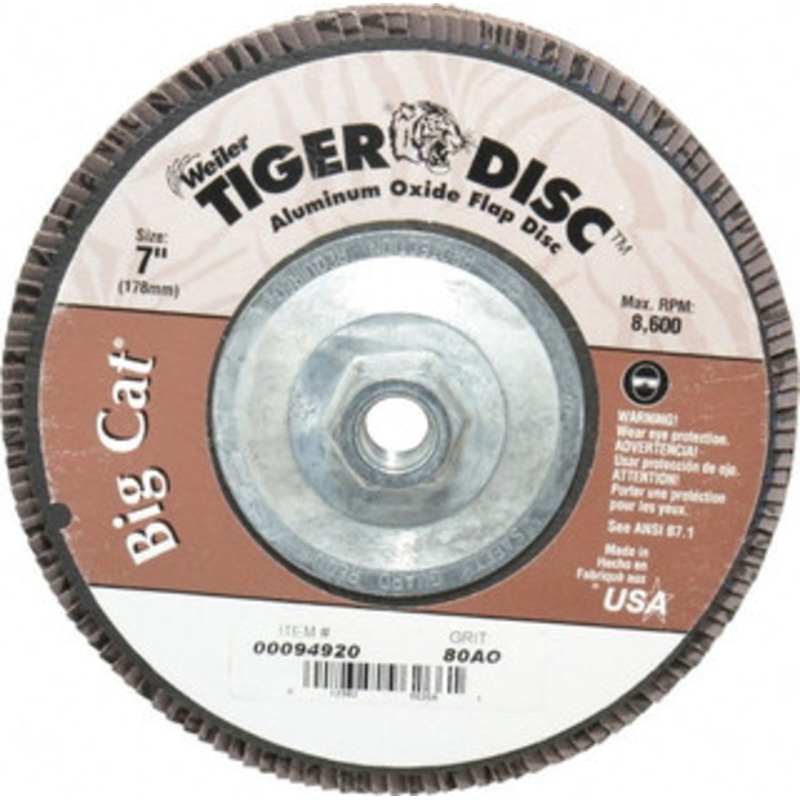 Weiler Abrasives 7 80 Grit 5/8-11 Center Hole Type 27 Aluminum Oxide Flap Disc Medium Grade, Coated, Arbor Attachment, Phenolic Backing, 8,600 RPM 50835 – 00094920