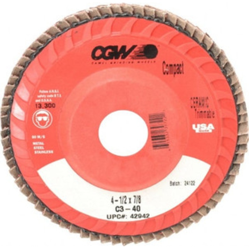 CGW Abrasives 4-1/2 40 Grit 7/8 Center Hole Type 27 Ceramic Flap Disc Medium Grade, Coated, Arbor Attachment, Polyester Backing, 13,300 RPM 42942 – 78916855