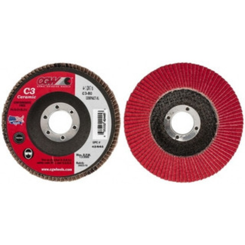 CGW Abrasives 4-1/2 80 Grit 7/8 Center Hole Ceramic Flap Disc Medium Grade, Coated, Arbor Attachment, Polyester Backing, 13,300 RPM 42445 – 63009708