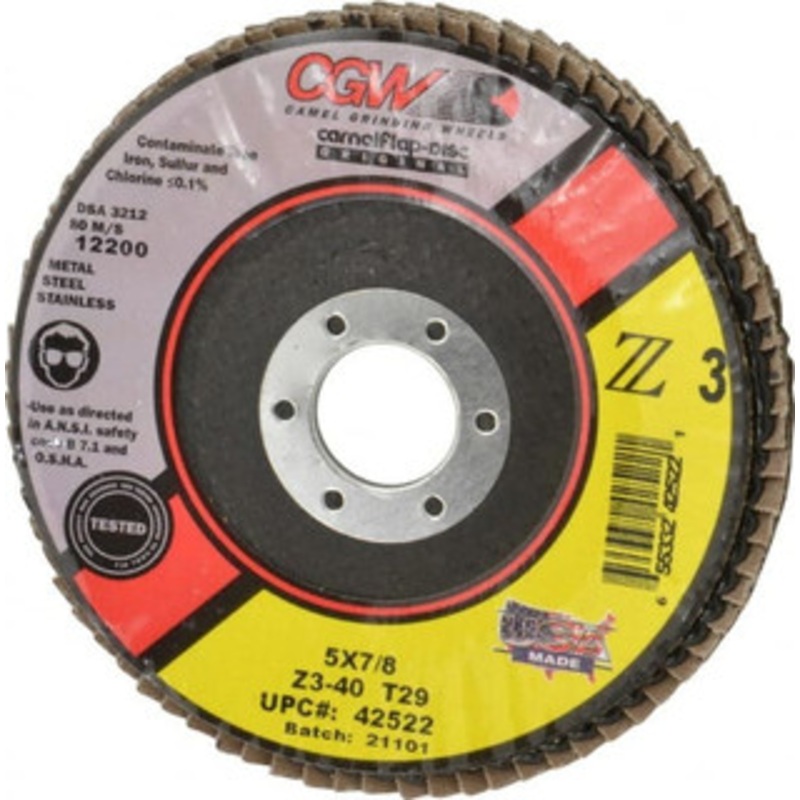 CGW Abrasives 5 40 Grit 7/8 Center Hole Type 29 Zirconia Alumina Flap Disc Coarse Grade, Coated, Arbor Attachment, Poly Cotton Backing, 12,200 RPM 42522 – 56437692