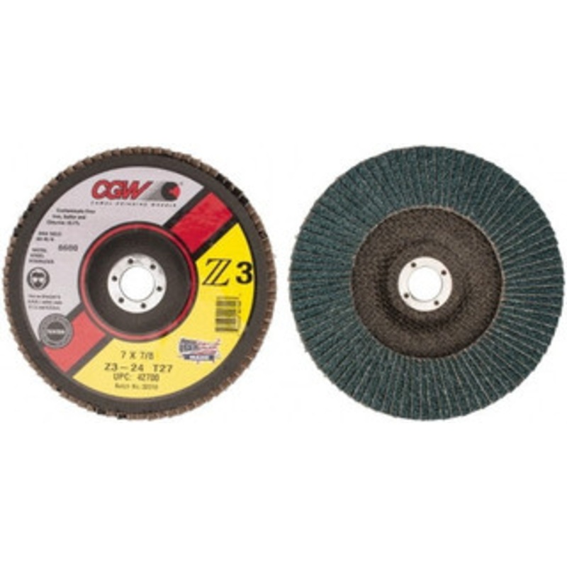 CGW Abrasives 7 24 Grit 7/8 Center Hole Type 27 Zirconia Alumina Flap Disc Very Coarse Grade, Coated, Arbor Attachment, Poly Cotton Backing, 8,600 RPM 42700 – 56440191